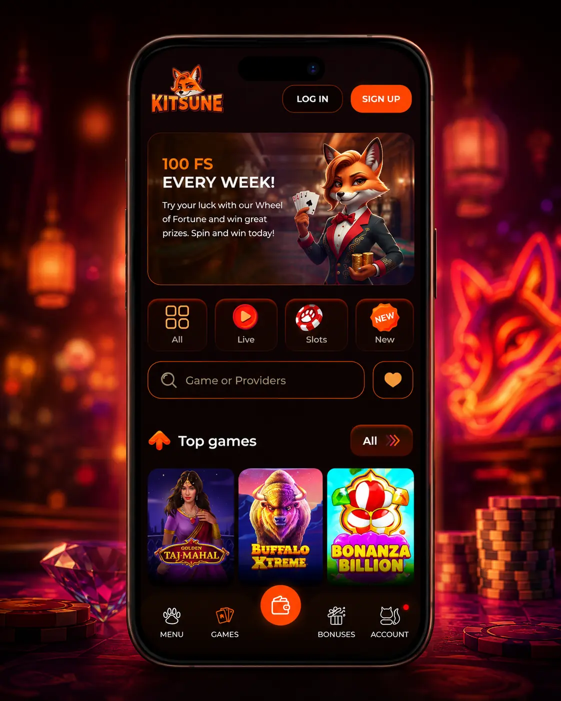Kitsune Casinos mobilgränssnitt visat på en smartphone